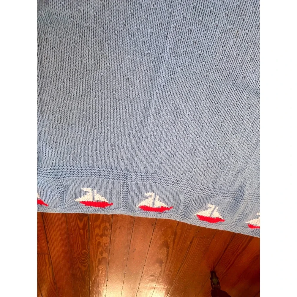 Handmade Knit Baby Blanket Light Blue Nautical Sailboat Nursery Throw